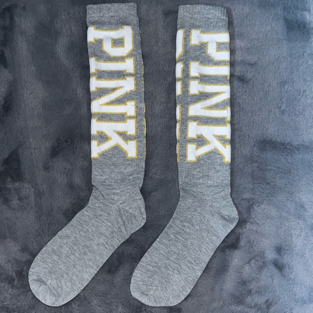 PINK Victoria’s Secret one size grey with white lettering logo socks